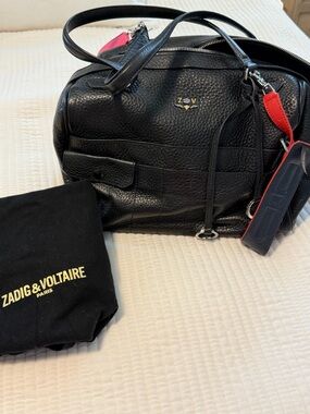 Zadig & Voltaire Black Leather Duffel with Red Strap Accent